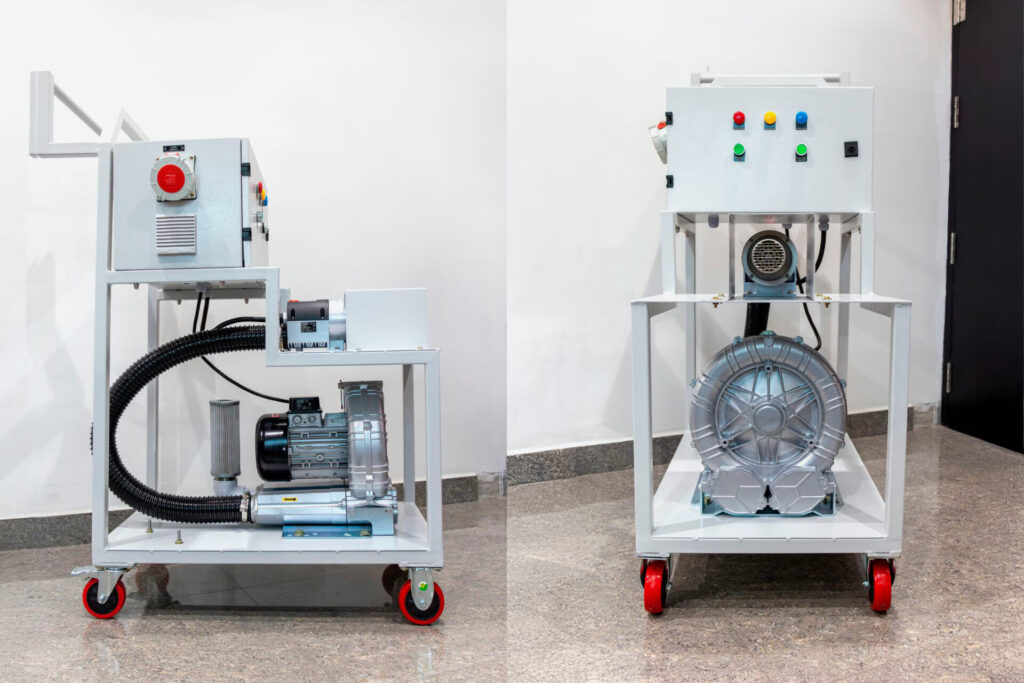Solução de secagem com ar quente da Leister montada em carrinho, equipada com LHS 61 System e Airpack, projetada para eliminar umidade em equipamentos industriais