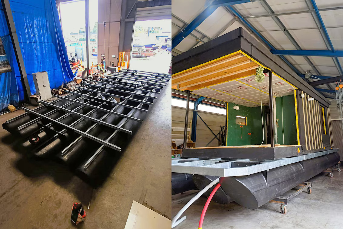 Fabricação e montagem dos flutuadores em PEAD na fábrica da Collinet, com soldagens estruturais realizadas com extrusoras Leister FUSION 3C e WELDPLAST 600 para união estanque dos módulos