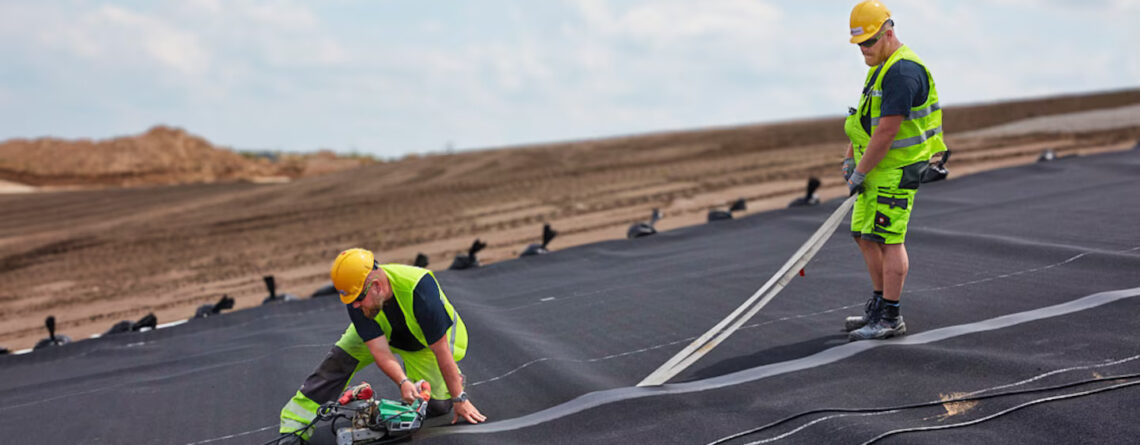 Equipe da Solmax realizando soldagem de geomembrana para impermeabilização de área industrial, usando máquina automática Leister em campo