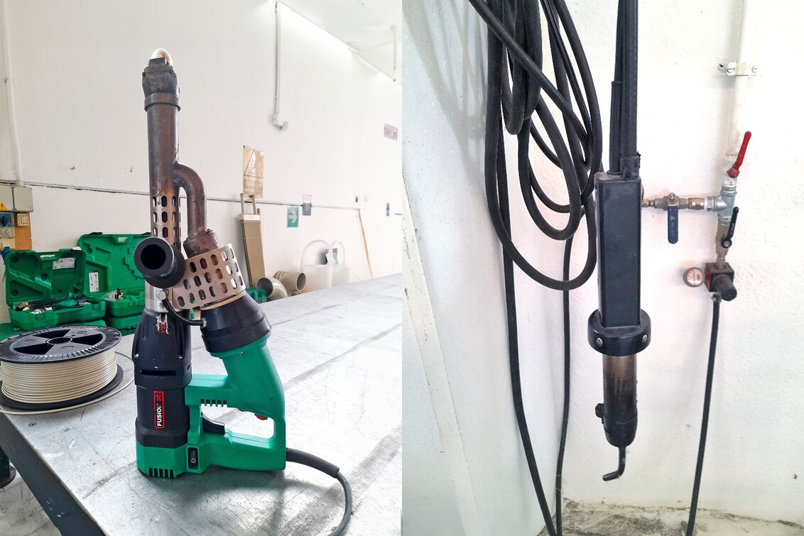 Extrusora de soldagem Leister FUSION 3C em ambiente industrial ao lado de ferramenta clássica Leister DIODE, evidenciando durabilidade e evolução tecnológica